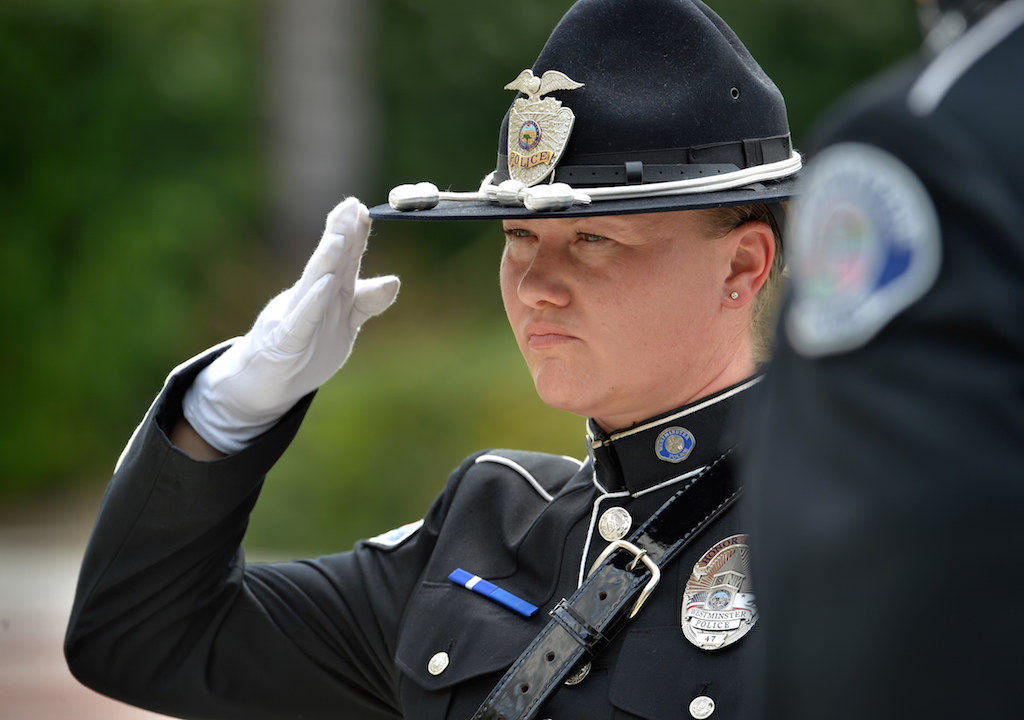 The Westminster Police Honor Guard salutes the flag as the National Anthem is played during Westminster’s 9/11 Remembrance ceremony at the Sid Goldstein Freedom Park. Photo by Steven Georges/Behind the Badge OC