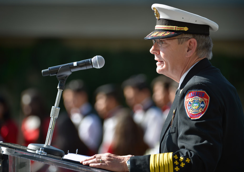 Anaheim Fire & Rescue Chief Randy Bruegman address those attending the 2015 9/11 Remembrance Ceremony at Anaheim Grand Plaza. Photo by Steven Georges/Behind the Badge OC