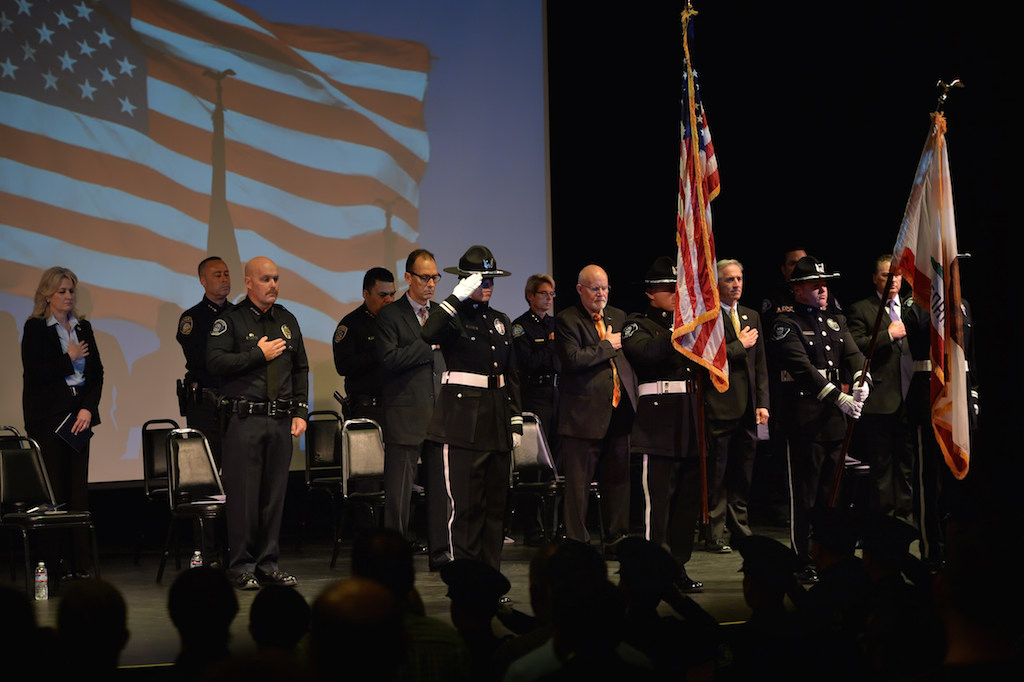 The Cypress PD Honor Guard presents the colors on stage at the start of the Golden West College Criminal Justice Training Center’s Basic Police Academy Class 150 graduation ceremony. Photo by Steven Georges/Behind the Badge OC