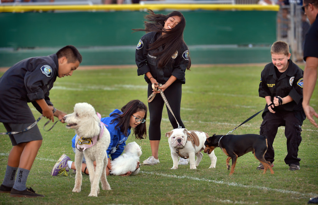 Kids with their "attack" dogs get ready for their skit the OCPCA’s 27th Annual Police K-9 Benefit Show in Anaheim.  Photo by Steven Georges/Behind the Badge OC