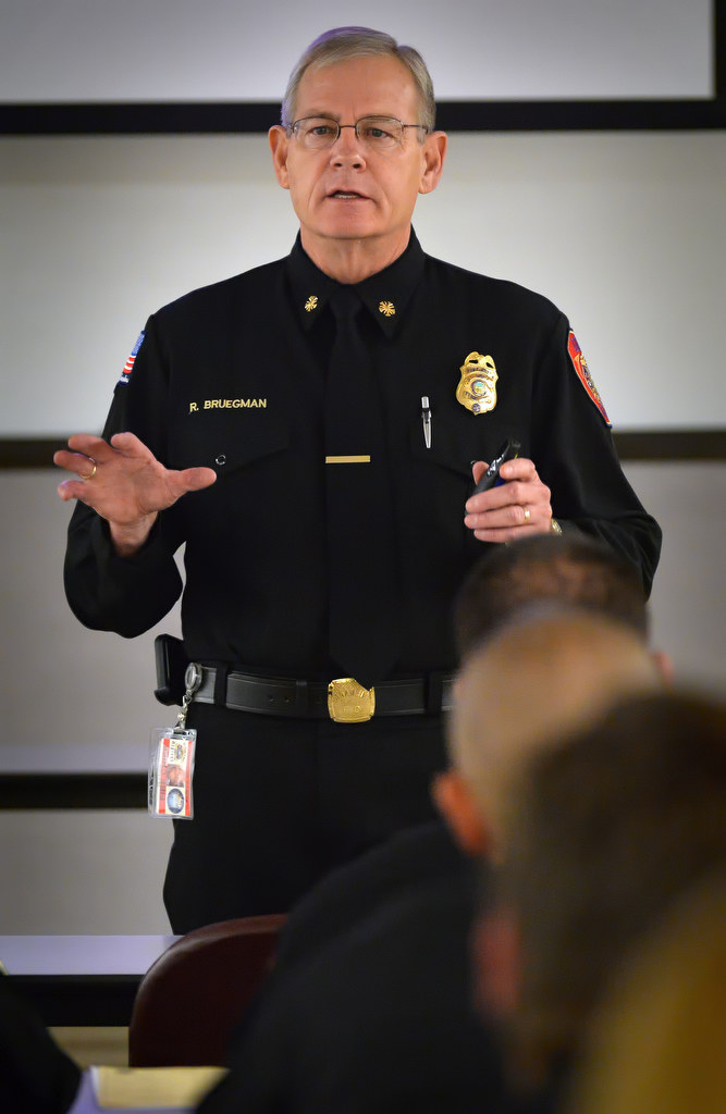 Anaheim Fire & Rescue Chief Randy Bruegman gives the key speech on leadership during AnaheimÕs Fire Leadership Academy graduation ceremony. Photo by Steven Georges/Behind the Badge OC