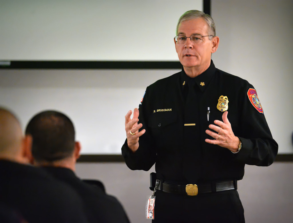 Anaheim Fire & Rescue Chief Randy Bruegman gives the key speech on leadership during AnaheimÕs Fire Leadership Academy graduation ceremony. Photo by Steven Georges/Behind the Badge OC