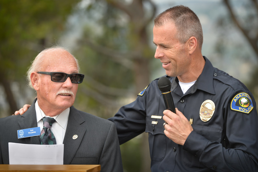 Recently retired Anaheim police officer Edward Thaete, left, with Anaheim PD Officer Brian Leist during Anaheim’s Police Service Dog Memorial unveiling at Anaheim PD’s East Sub Station. Photo by Steven Georges/Behind the Badge OC