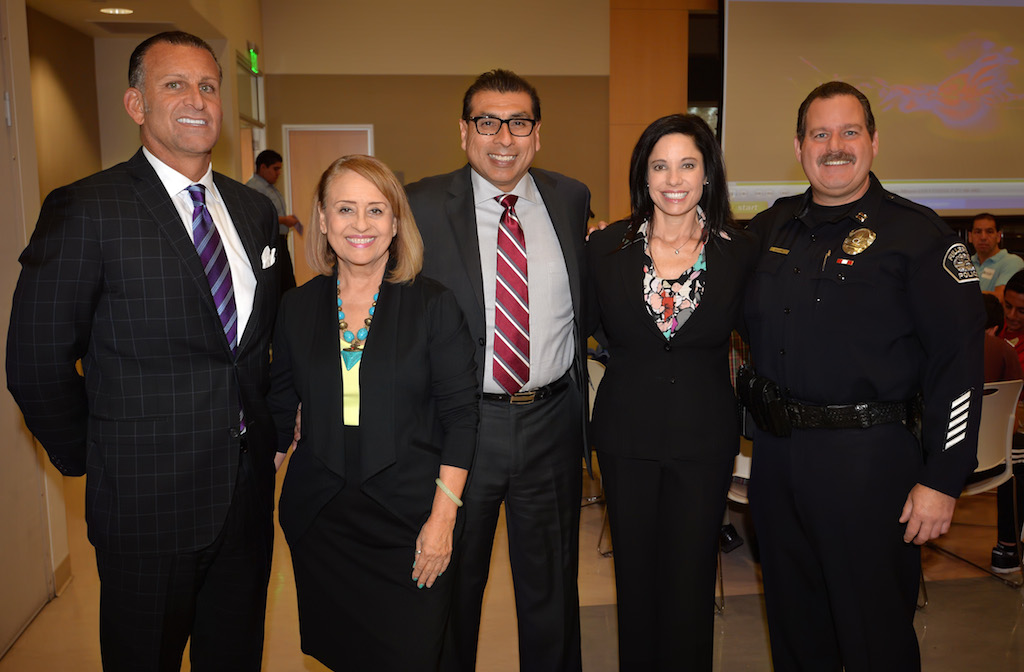 (From left) Dr. Jorge Galindo, licensed psychotherapist and psychoanalyst and a reserve deputy with the OCDD; Lucia Maturino, community liaison officer with the Fullerton PD; Dr. Valdez, xxxxx;  Sgt. Kathryn Hamel, PIO for the Fullerton Police Department; and Capt. Scott Rudisil of the Fullerton PD. Photo by Steven Georges/Behind the Badge OC