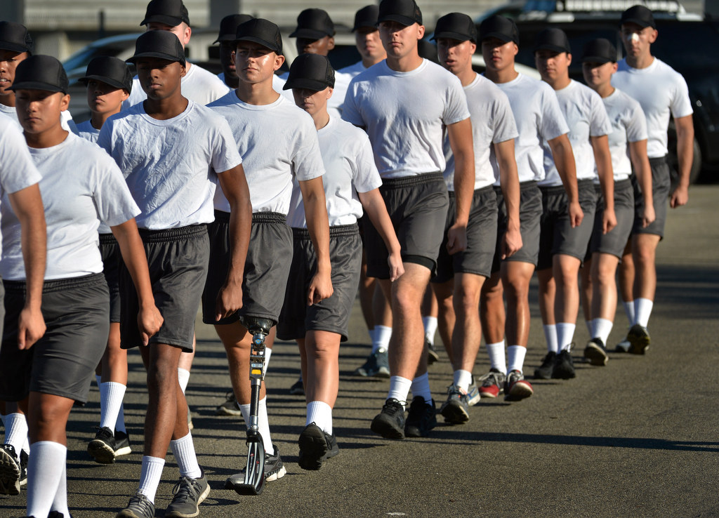 Correctional Services Assistant Recruit Robert Ram, who lost his left leg at age 12 due to cancer, marches with his classmates at the Orange County Sheriff’s Department Correctional Services Assistant (CSA) Academy. Photo by Steven Georges/Behind the Badge OC
