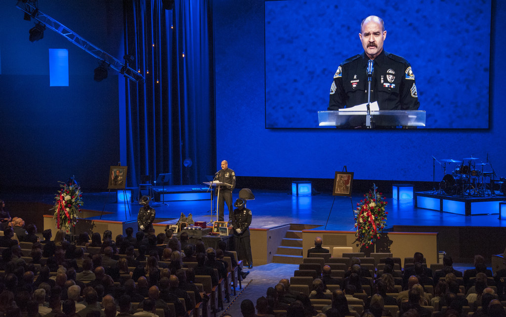 Sgt. Daron Wyatt of the Anaheim PD speaks at the Nov. 18, 2014 memorial service for Placentia Lt. Ken Alexander. Photo courtesy of Bruce Chambers