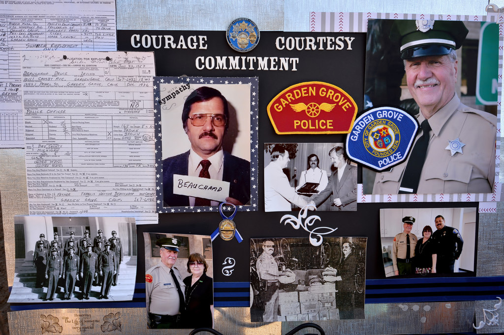 Poster collage of the late Garden Grove Sgt. Bruce Beauchamp on display during a naming ceremony for the Bruce Beauchamp Juvenile Justice Center.