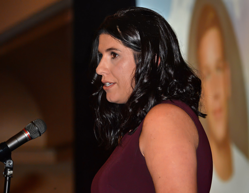 Jennifer Parnell, mother of 18-year-old Anthony Parnell who drowned, February 2015 in Laguna Beach, talks, during the Heroes with Heart Awards Dinner, about the support she received from lifeguards and TIP volunteers during the most difficult time of her life. Photo by Steven Georges/Behind the Badge OC