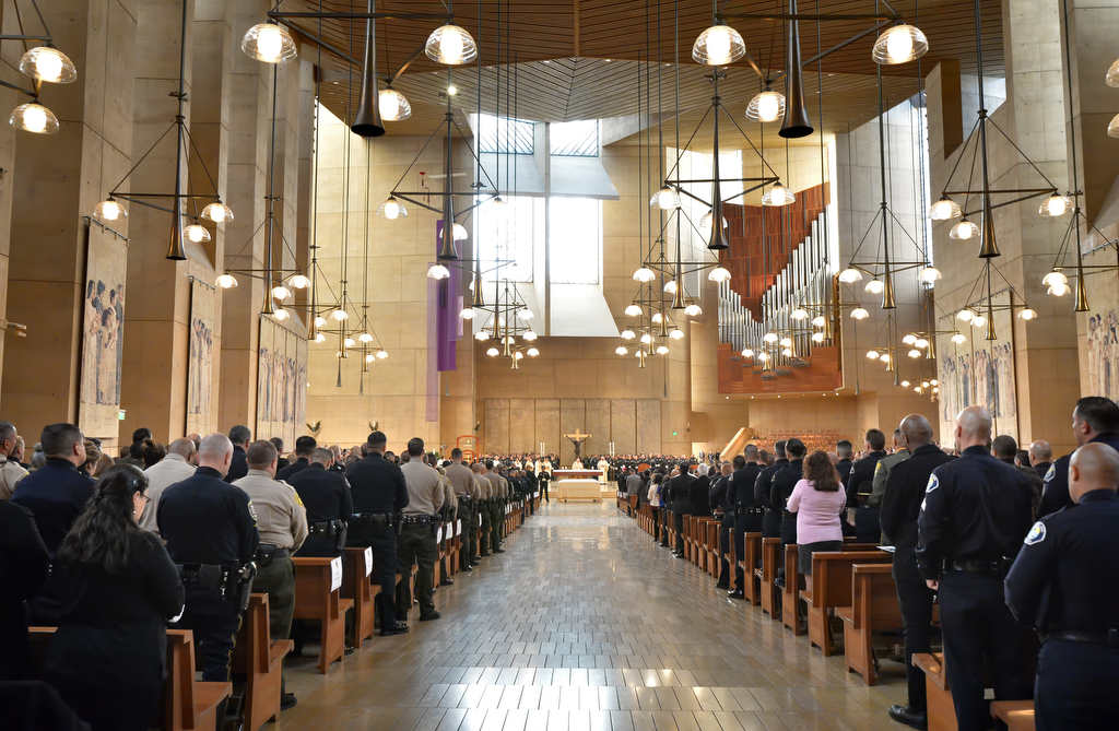 Officers from many police agencies attend a funeral Mass service for slain Downey PD Officer Ricardo "Ricky" Galvez at the Cathedral of Our Lady of the Angels in downtown Los Angeles. Photo by Steven Georges/Behind the Badge OC