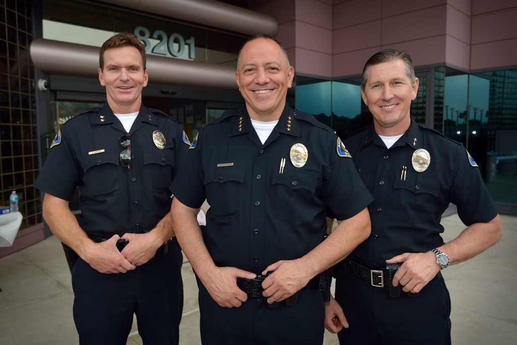 Anaheim Police Chief Raul Quezada, center, with Deputy Chief Julian Harvey, left, and Deputy Chief Dan Cahill at Anaheim PD’s East Sub Station. Photo by Steven Georges/Behind the Badge OC