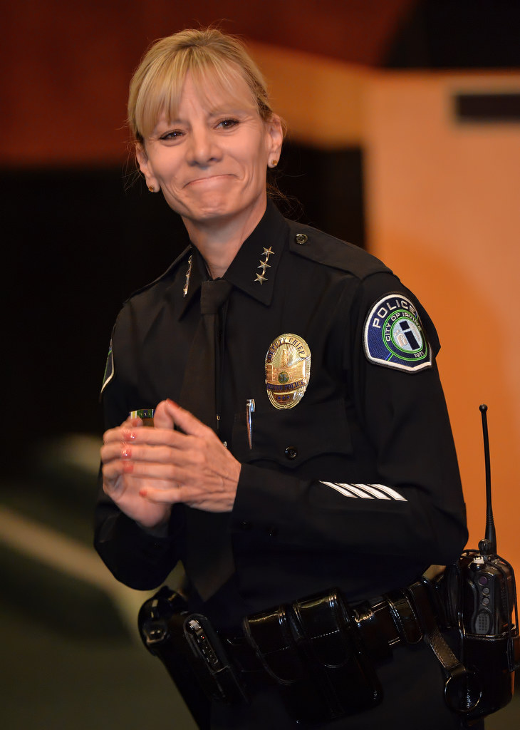 Julia Engen smiles during her speech for those gathered at Irvine City Hall after she was sworn in sworn in as Irvine PD’s new deputy chief. Photo by Steven Georges/Behind the Badge OC