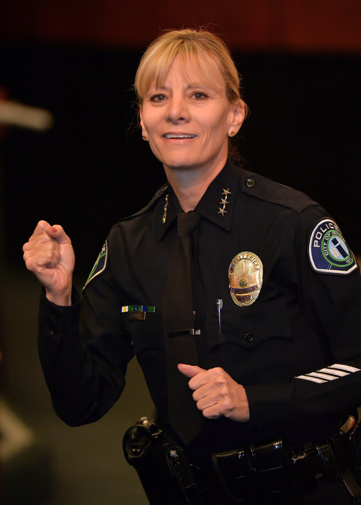 Julia Engen talks to those gathered at Irvine City Hall after she was sworn in sworn in as Irvine PD’s new deputy chief. Photo by Steven Georges/Behind the Badge OC