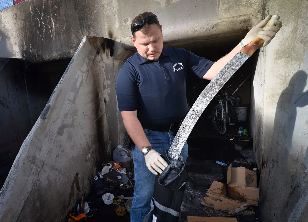 A homemade sword found in the storm drain tunnels under Brookhurst St. where people were living. Photo by Steven Georges/Behind the Badge OC