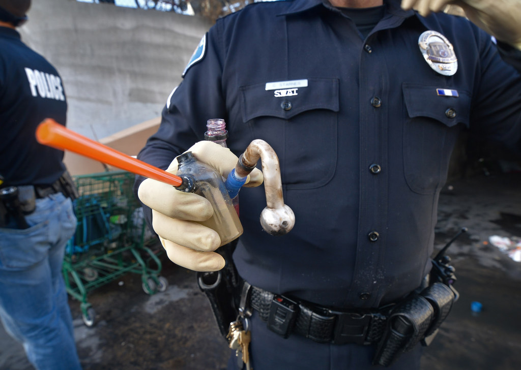 Drug paraphernalia found in the storm drain tunnels under Brookhurst St. where people were living. Photo by Steven Georges/Behind the Badge OC