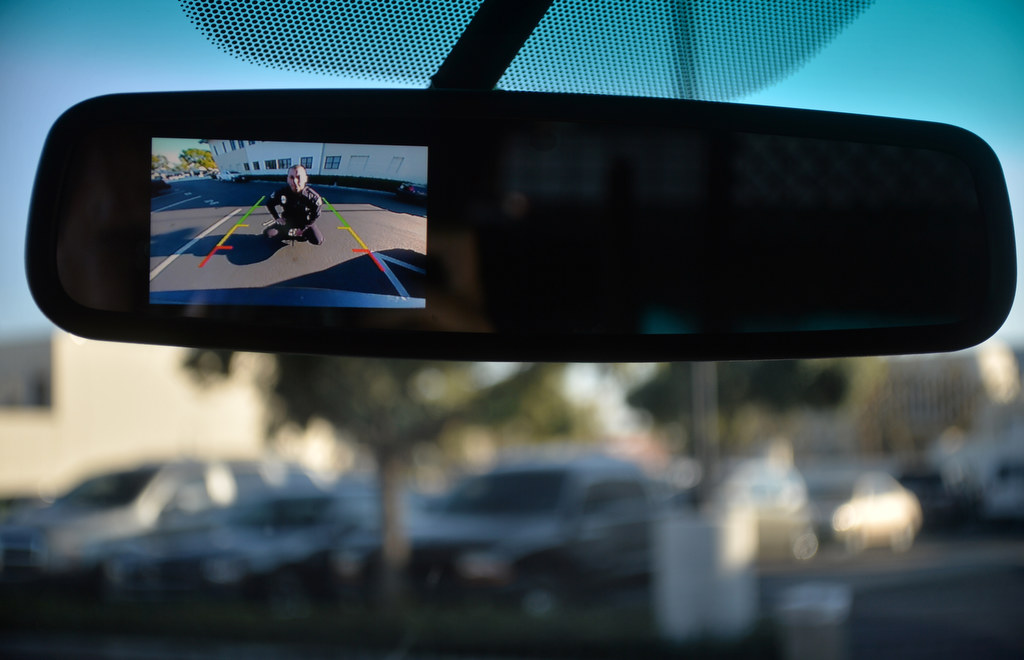 Fullerton PD’s new Ford Explorer SUV Interceptor includes a rear view camera projected in the rearview mirror that is activated whenever the car’s gear is put in reverse. Photo by Steven Georges/Behind the Badge OC