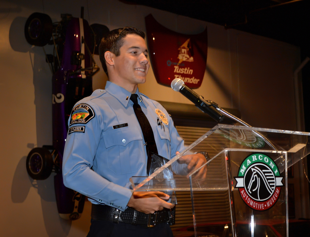 Michael Duff receives the Explorer of the Year award during the Tustin Police Department’s Awards Banquet at the Marconi Automotive Museum in Tustin. Photo by Steven Georges/Behind the Badge OC