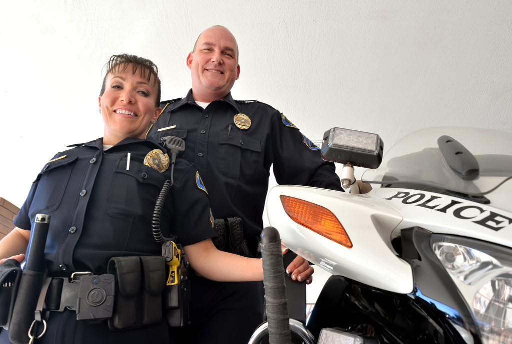 Anaheim Police Officer Angelica Mejia at 5’0” with Anaheim Motorcycle Police Sgt. Garet Bonham at 6’5”. Photo by Steven Georges/Behind the Badge OC5