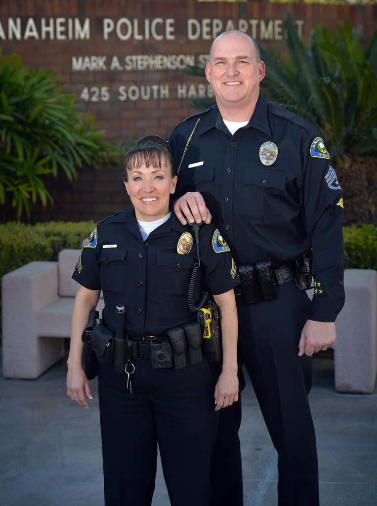 Anaheim Police Officer Angelica Mejia at 5’0” with Anaheim Police Sgt. Garet Bonham at 6’5”. Photo by Steven Georges/Behind the Badge OC