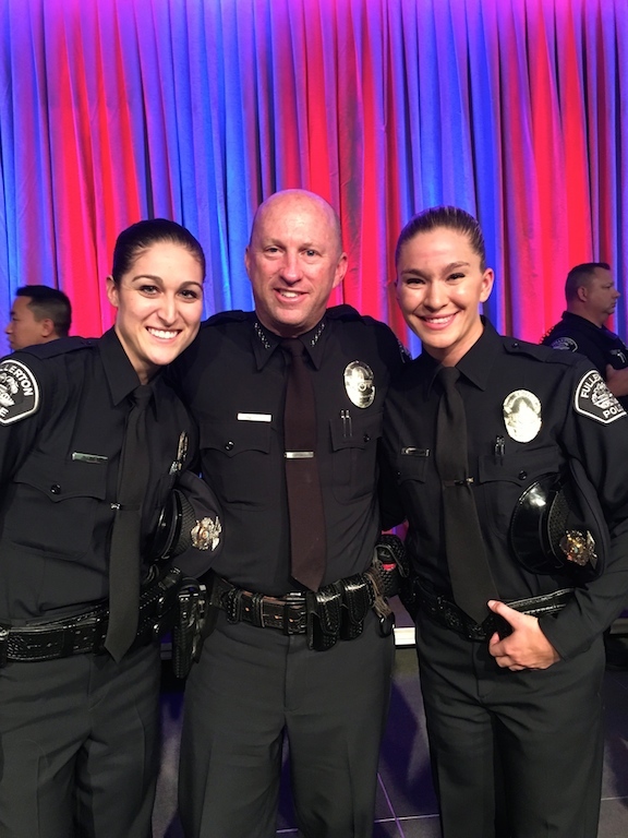 Thayer (left) and Riedd with FPD Chief Dan Hughes at their graduation from the Orange County Sheriff's Dept. Regional Training Center on Jan. 14. Photo courtesy of FPD