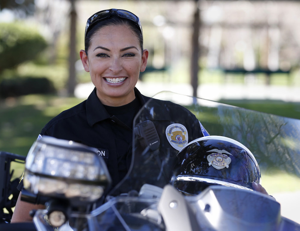Garden Grove Police Department's Katherine Anderson is in her third tour of duty with motorcycle unit.  Photo by Christine Cotter