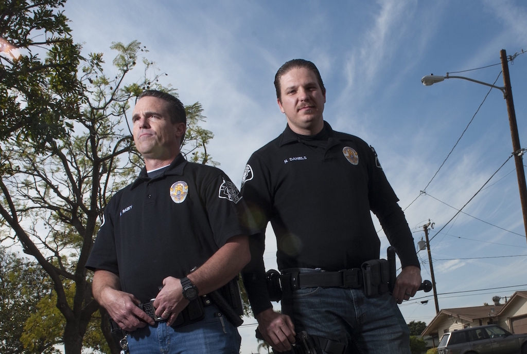 Detectives Razey, left, and Daniels, right, are members of the La Habra PD Gang Unit. Photo by Miguel Vasconcellos/Behind the Badge OC. 