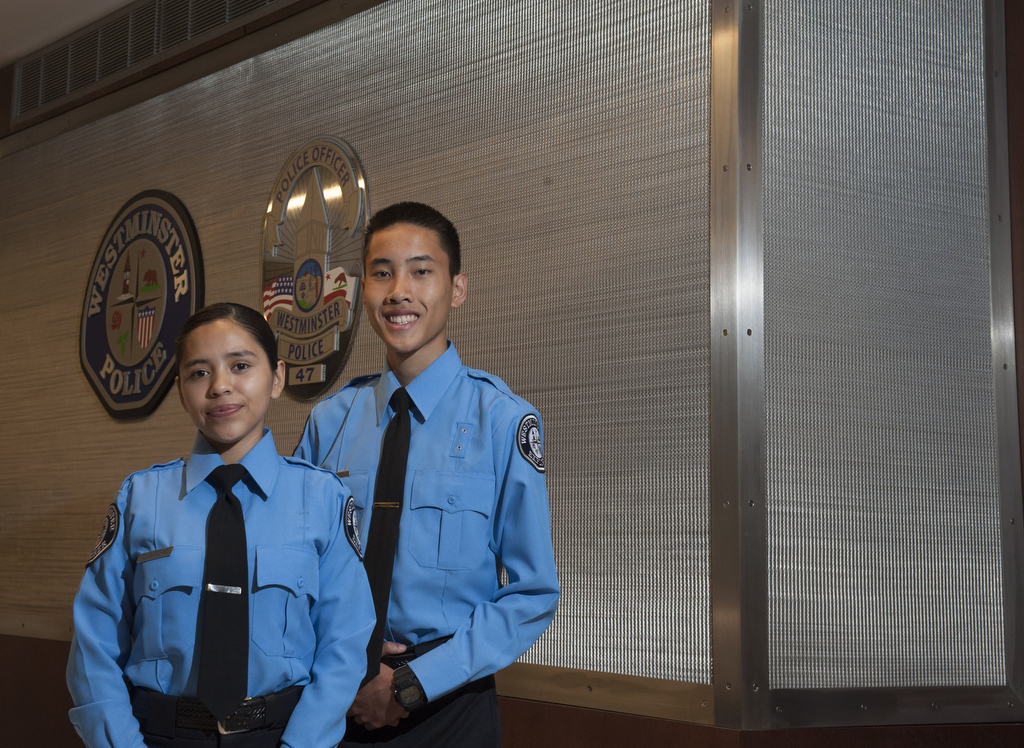 Westminster Police Explorers Lizbeth Sanchez and Benjamin Pham received awards while attending the Police Explorer Academy in the City of Orange. Photo by Miguel Vasconcellos/Behind the Badge OC 