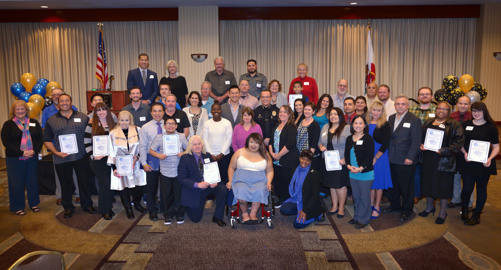 Recipients of this year’s Garden Grove PD Chief’s Coin for Merit award gather at the conclusion of the awards dinner at the Embassy Suites in Garden Grove. Photo by Steven Georges/Behind the Badge OC