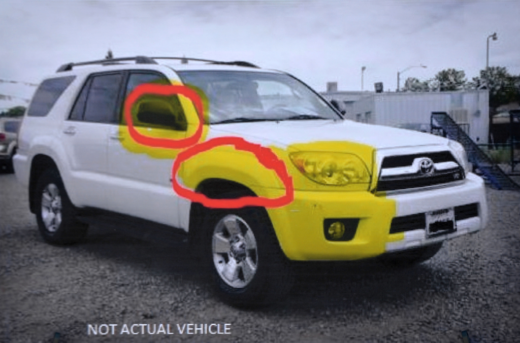 Police photo of a similar looking Toyota showing where damage may have occurred when it struck and killed Linda May Lopez in the city of La Habra on November 13, 2015. A $25,000 reward is being offered. Photo provided by La Habra PD
