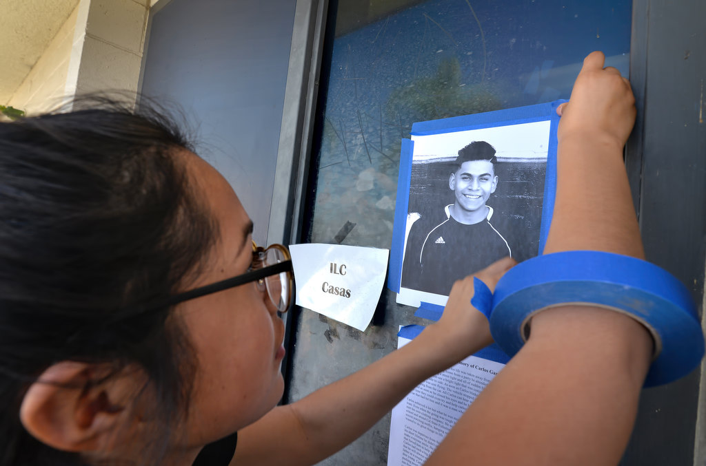 “In Loving Memory of Carlos Garcia” - reads a simulated obituary put up by an Anaheim High student, part of the Every 15 Minutes program. Photo by Steven Georges/Behind the Badge OC