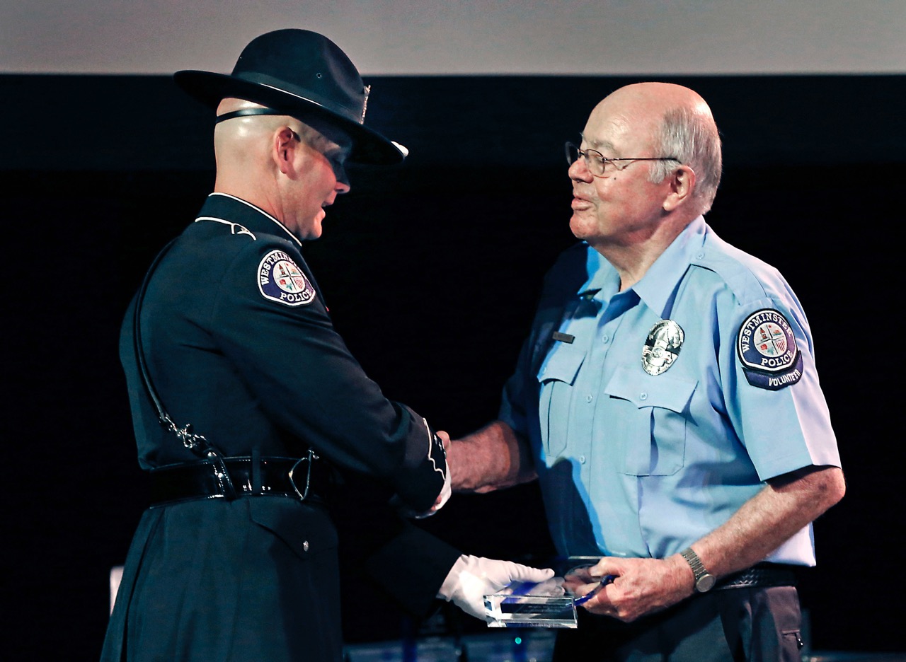 Volunteer Bruce Richardson was recognized for his service at the Westminster Police Department's annual awards ceremony Feb. 24. Photo by Christine Cotter/Behind the Badge OC