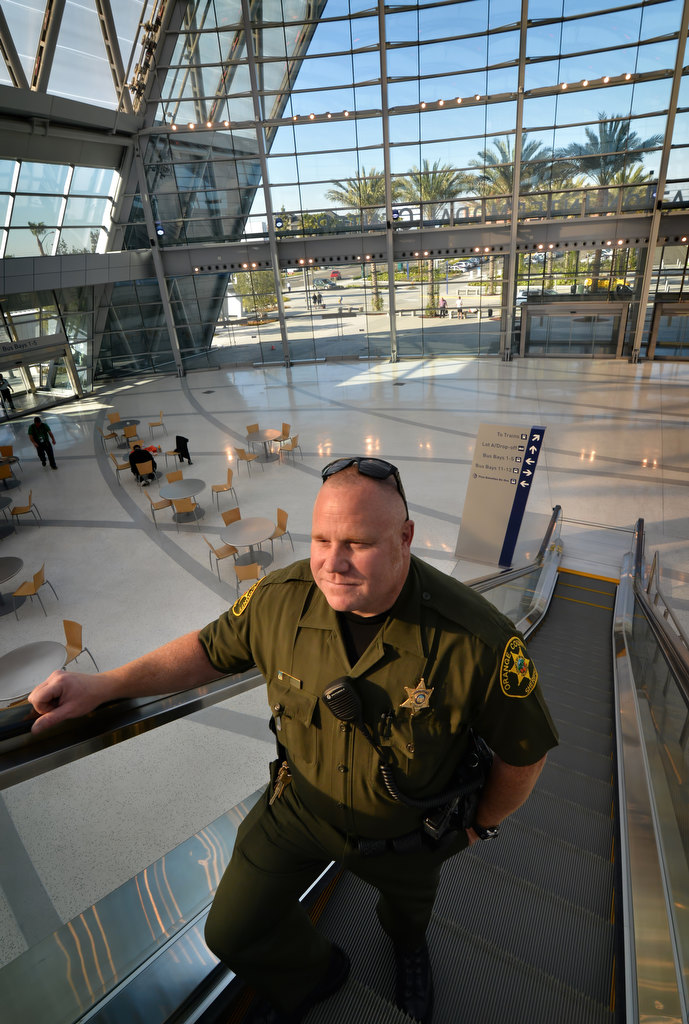 Orange County Deputy Sheriff Chad Smith of the Transit Police Services patrols the ARTIC (Anaheim Regional Transportation Intermodal Center) in Anaheim. Photo by Steven Georges/Behind the Badge OC