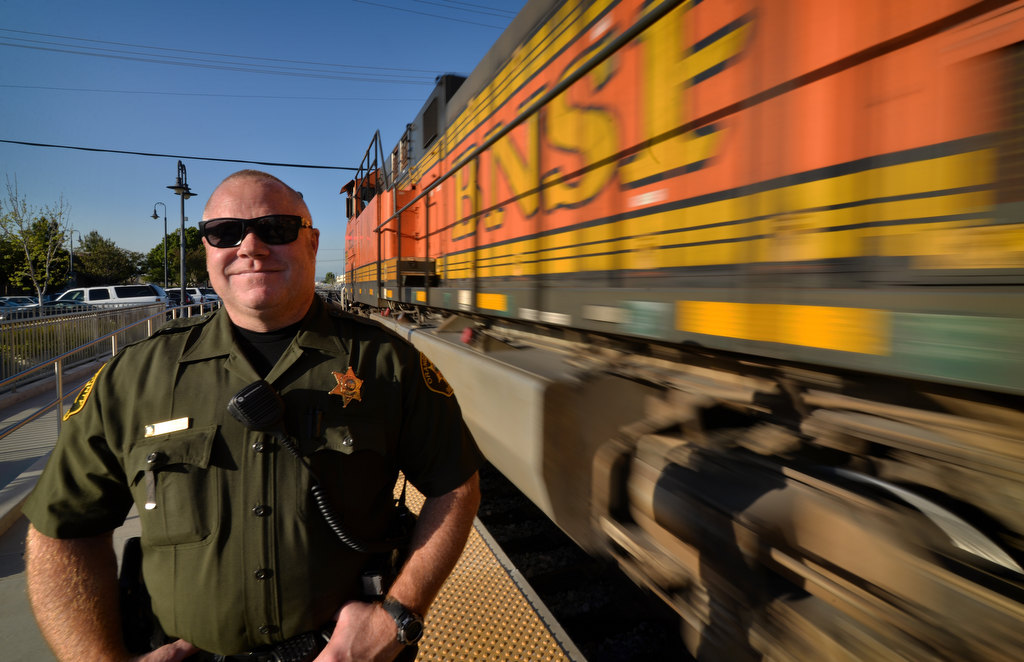 Orange County Deputy Sheriff Chad Smith of the Transit Police Services on patrol at the Santa Fe Depot in the city of Orange. Photo by Steven Georges/Behind the Badge OC