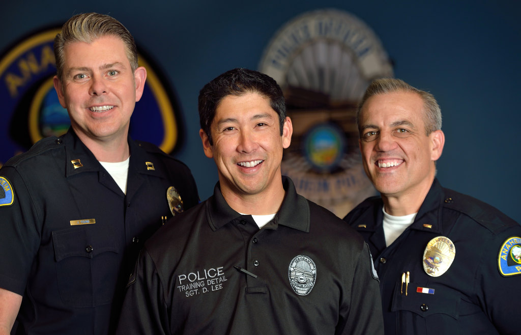 Anaheim PD’s Captain Jaret Young, left, Sgt. Darren Lee and Lt. Richard LaRochelle of the APD peer support group. Photo by Steven Georges/Behind the Badge OC