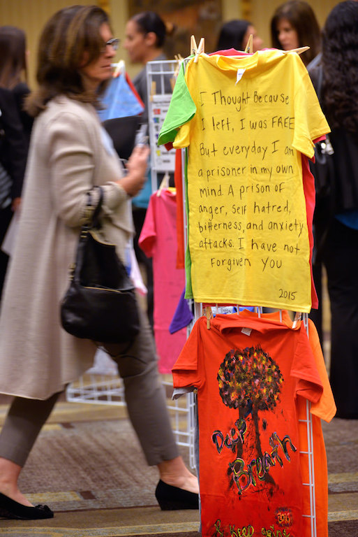 Various T-Shirts made by victims are displayed at the 12th Annual Victims’ Rights Conference at the Embassy Suites in Garden Grove. Photo by Steven Georges/Behind the Badge OC