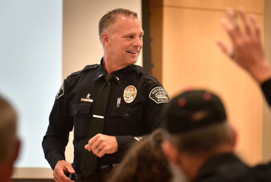 Lt. Mike Chocek of the Fullerton Police Department takes questions during an Active Intruder Awareness Training session for the public at the Fullerton Community Center. Photo by Steven Georges/Behind the Badge OC