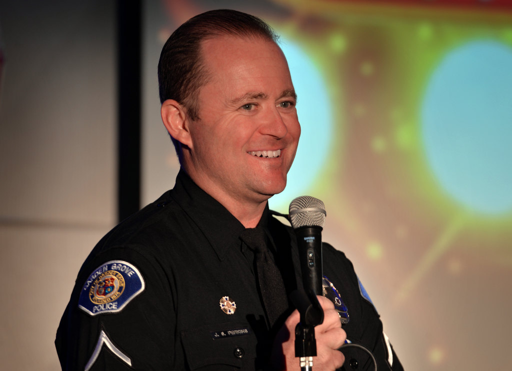 Officer Jason Perkins Welcomes guest to the Garden Grove Police Explorers awards banquet. Photo by Steven Georges/Behind the Badge OC