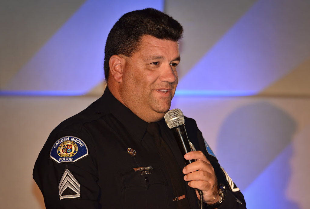 Senior Explorer Advisor Sgt. Bill Allison gives the closing remarks for the Garden Grove PD Explorer Post 1020 Awards Banquet. Photo by Steven Georges/Behind the Badge OC
