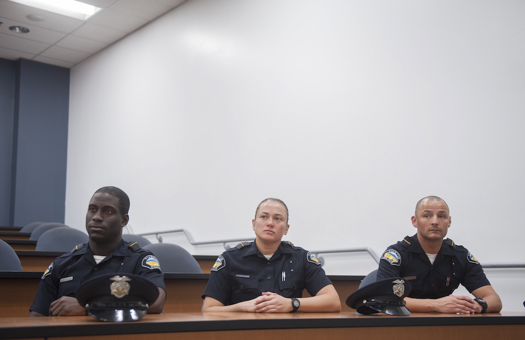 Tustin Police Department recruits Ismael Aurelus, left, Leah Barrett and David Valencia are training at the Orange County Sheriff's Department Regional Training Center. Photo by Miguel Vasconcellos/Behind the Badge OC