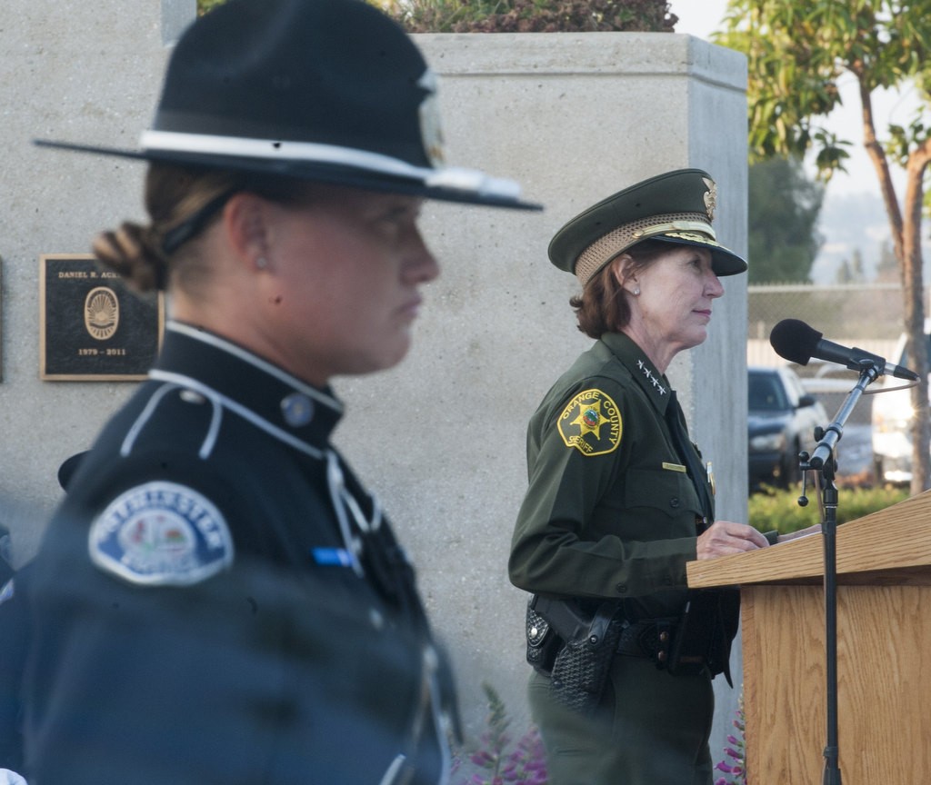 Orange County Sheriff Sandra Hutchens speaks at the 2016 Orange County Peace Officers' Memorial Ceremony and Candlelight Vigil held at the OCSD Regional Training Facility.