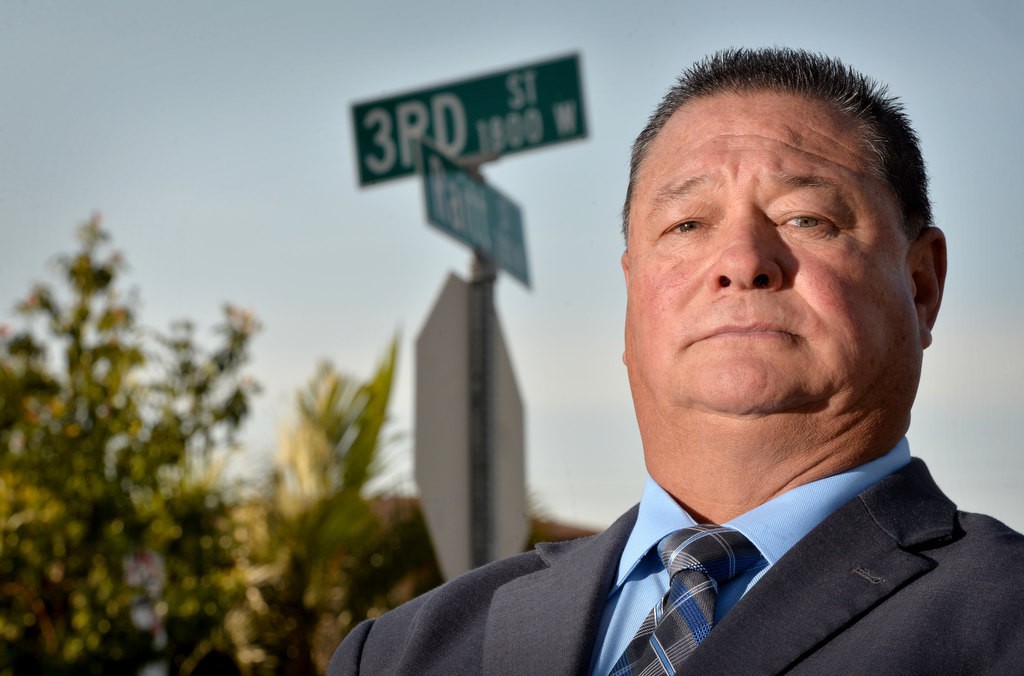 Louie Martinez III, an investigator for the OC Sheriff DepartmentÕs Homicide Task Force, at the corner of Raitt and 3rd St. in Santa Ana where he was a witness to a police officer being shot. Photo by Steven Georges/Behind the Badge OC