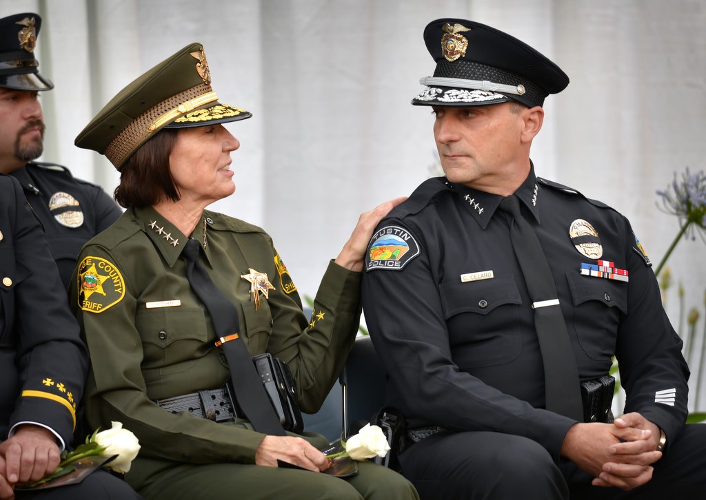 Orange County Sheriff Sandra Hutchens, left, with Tustin Police Chief Charles Celano after the chief’s speech for the Wally Karp memorial ceremony. Photo by Steven Georges/Behind the Badge OC