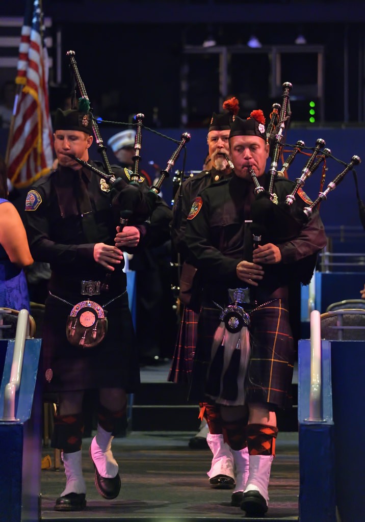 Bagpipe players from the Anaheim Fire & Rescue Honor Guard enter the room at the start of AF&R’s Promotion & Graduation Ceremony. Photo by Steven Georges/Behind the Badge OC