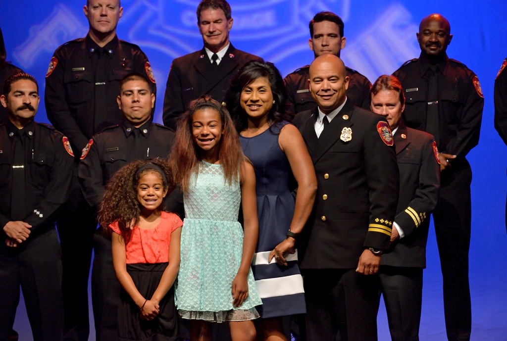AF&R’s new Battalion Chief Kevin Stewart with his wife, Melanie Stewart, and family. Photo by Steven Georges/Behind the Badge OC