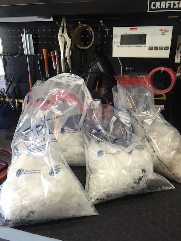Bags of methamphetamine get ready to be booked into evidence at the OCSD's work station at the San Clemente border patrol check. Photo courtesy OCSD. 