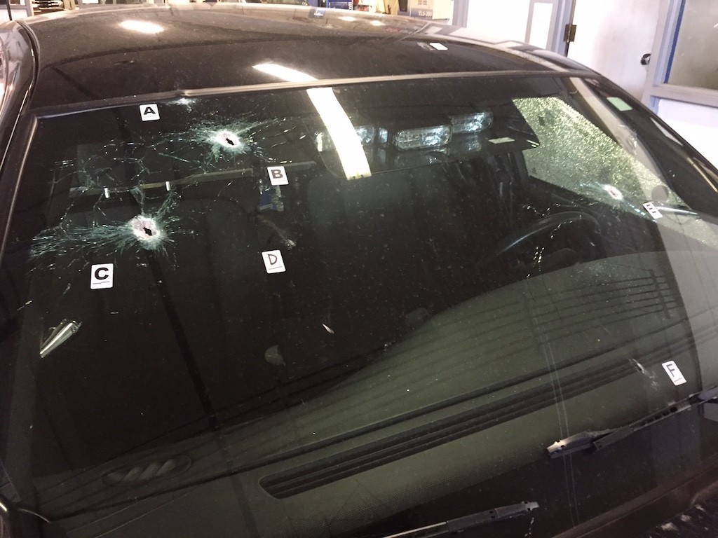 A hail of bullets hit several patrol cars April 27 when a suspect opened fire on Orange County Sheriff's deputies. Deputies arrested the man was arrested and charged with three felony counts of attempted murder on a peace officer and three counts of discharging a firearm in commission of a felony. Photo courtesy the Orange County Sheriff's Department. 
