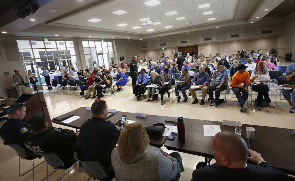 The Tustin Community Center is packed as Police Chief Charles Celano speaks to residents during the department's Block Captain meeting. Photo by Christine Cotter/Behind the Badge OC 