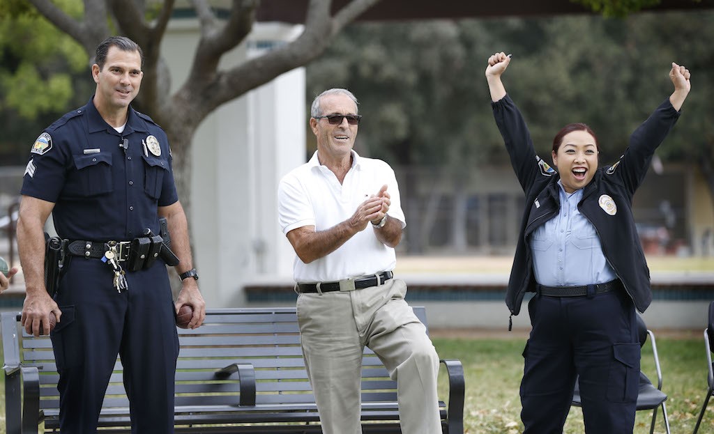 From left, Sgt. Sean Quinn, Benito Ciano and Tustin PD Supervisor Thao Nguyen enjoying a bocce ball competition at the Tustin Senior Center. Photo by Christine Cotter/Behind the Badge OC 