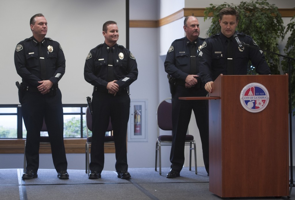 La Habra Police Department Chief Jerry Price, left, Capt. George Johnstone, Capt. Jeff Swaim and Sgt. Adam Foster during the 2016 Awards ceremony. Photo by Miguel Vasconcellos/Behind the Badge OC 