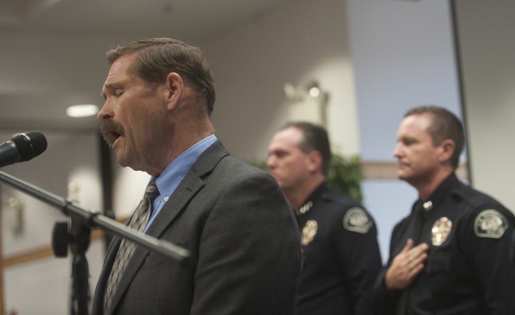 La Habra Police Department Chaplain Mike Murphy, left, sings the national anthem during the 2016 Awards ceremony. Photo by Miguel Vasconcellos/Behind the Badge OC 