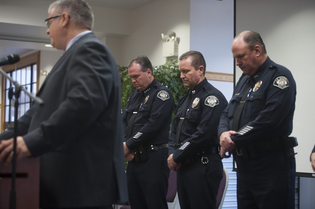 La Habra Police Department Chaplain Rex Spraggins leads the invocation during the 2016 Awards ceremony. Photo by Miguel Vasconcellos/Behind the Badge OC 